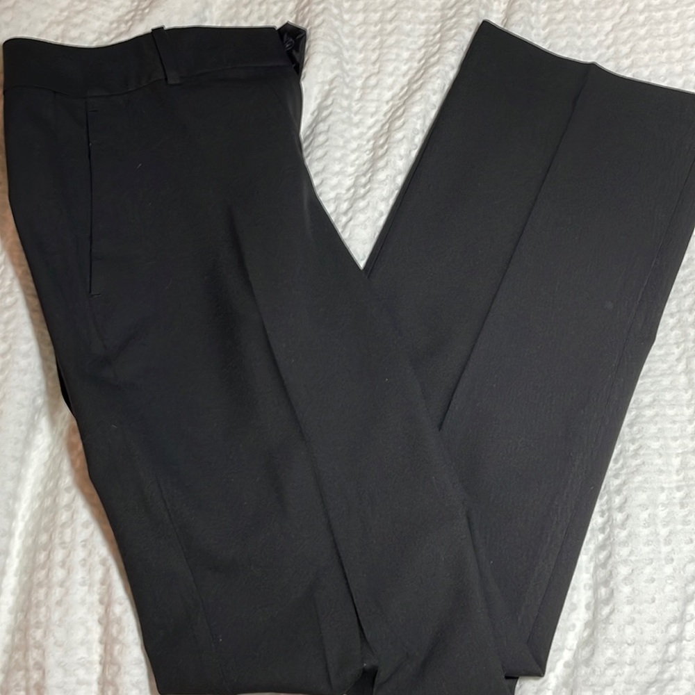 0P black suit pants from Ann Taylor. Looser fit with flared ankle.
